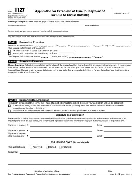 IRS Form form 1127 Download Printable PDF, Application for Extension of