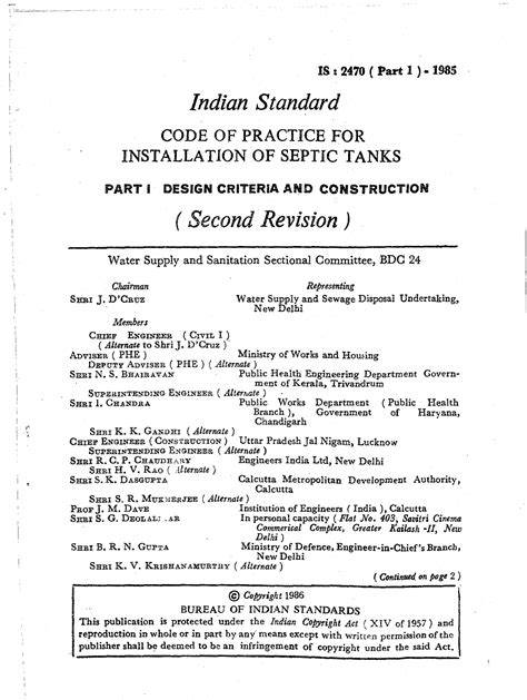 IS 2470-1 (1985): Code of practice for installation of septic tanks ... - raincitystudios.com