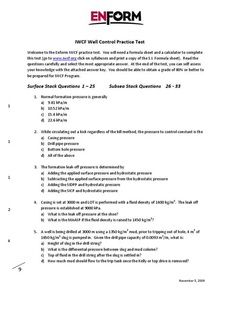 IWCF Well Control Practice Test (ENFORM)
