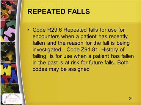 Icd 10 repeated falls. Showing 1-25: ICD-10-CM Diagnosis Code R29.6 [convert to ICD-9-CM] Repeated falls. Recurrent falls; at risk for falling (Z91.81); history of falling (Z91.81); Falling; Tendency to fall. ICD-10-CM Diagnosis Code W17.2. Fall into hole. Fall into pit. ICD-10-CM Diagnosis Code W16.3. Fall into other water. 