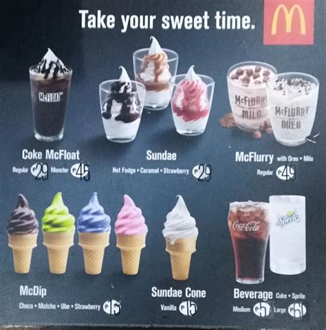 McDonald's Full Menu & Prices [Updated May 2024] Full Menu Prices. Beverages; Breakfast Items; Burgers; Chicken; Desserts; French Fries; Salad Dressing; Salads; Sandwiches; Sauces; Smoothies; Wraps; ... Ice Cream Cone. Vanilla Reduced Fat Ice Cream Cone. Hot Fudge Sundae. French Fries. French Fries (Kids) French Fries (Large) French Fries ...