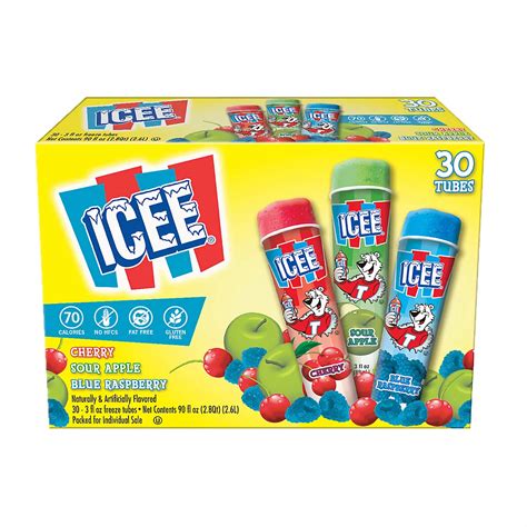 Icee popsicles. Wyler's Authentic Italian Ices, Variety Pack Assorted Fruit Flavors, 2 Ounces, 96 Count. Fruit-flavored frozen popsicles made for kids and adults alike. Includes six flavors - Berry Lemonade, Blue Raspberry, Lemon, Kiwi Watermelon, Lemon, Orange Créme, and Strawberry. Fat-free and gluten-free with only 60 calories per ice popsicle. 