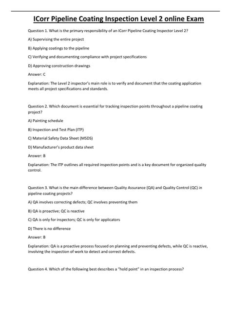Icorr level 1 exam questions.  Level 1 involves basic inspection tasks, Level 2 ad...