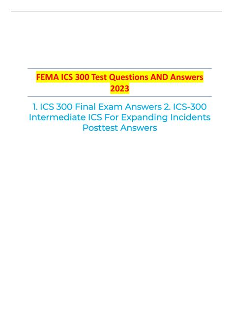 Ics 300 test questions and answers. ishes a nationwide plan for resource allocation. (d) Requires the implementation of specific operational incident management tactics. (p. 2.2 SM, 2.6 IG) ️️(b) Includes the use of ICS standardized features and structures. 2. _____ means that each individual involved in incident operations will be assigned to only one supervisor. 
