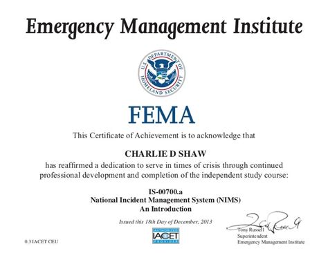 Ics-700. Introduction to the Incident Command System, ICS 100; IS-700.b An Introduction to the National Incident Management System; IS-200.c Basic Incident Command System for Initial Response, ICS-200; IS-800.d National Response Framework, An Introduction; IS-907 Active Shooter: What You Can Do; IS-5.a An Introduction to … 