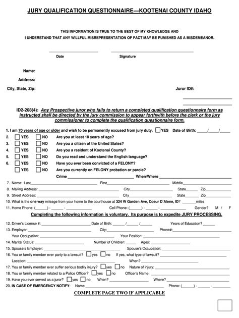 Idaho Jury Kootenai County Form Fill Out and Sign Printable PDF
