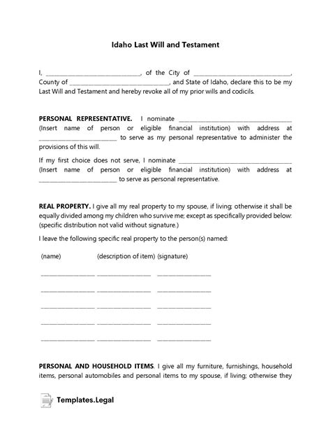 Idaho Legal Last Will and Testament Form with All Property to Trust