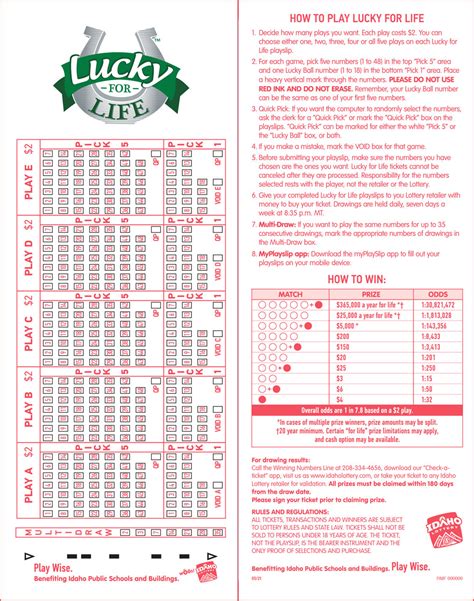 Idaho lottery lucky for life. Match Prize Amount Odds; 5 Numbers + Lucky Ball: $7,000 a week for life: 1 in 30,821,472: 5 Numbers: $25,000 a year for life: 1 in 1,813,028: 4 Numbers + Lucky Ball 