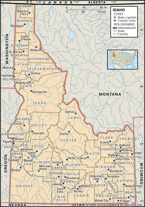 Idaho usa map. The total area of Idaho is 83,569 sq mi (216,443 sq km). Out of which 83,570 sq mi (216,400 sq km) is land area and 926 sq mi (2,398 sq km) is water area. It is the USA’s fifteenth largest state in terms of size. Idaho has three major landforms or terrains: Rocky Mountains, Columbia Plateau, and Basin and Range Region. 