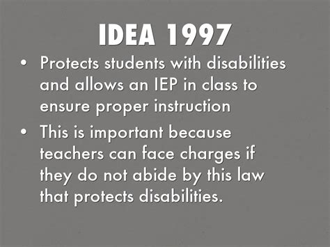 More recent federal legislation, such as No Child Left Behind (NCLB, 2001) and the Individuals with Disabilities Education Act (IDEA, 1997; 2004), seeks to build one education for all students, improve teacher quality, align curriculum with standards, measure outcomes at multiple points, and hold schools accountable for student performance.
