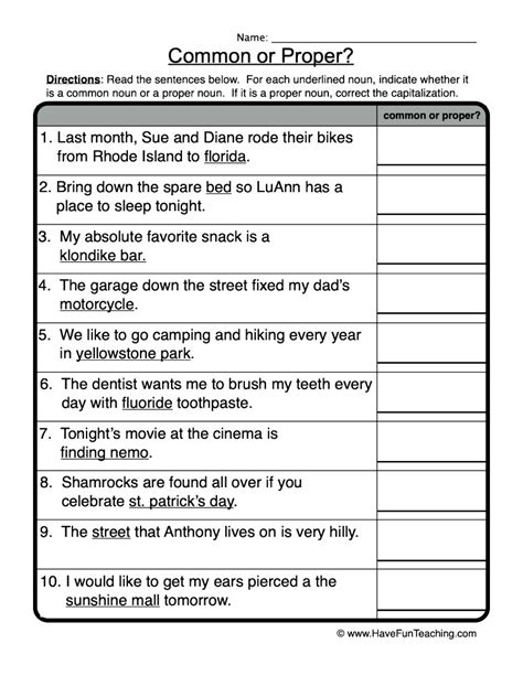 Identify Common or Proper Nouns Worksheet by Teach Simple