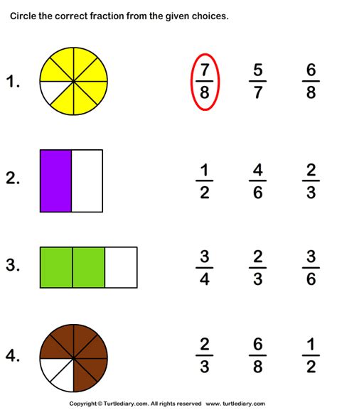 Identify Fraction Represented by Shaded Part Turtle Diary Worksheet