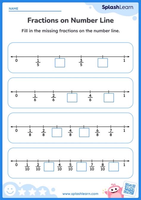 Identify Missing Fractions on the Number Line Printable Math
