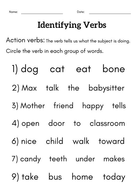 Identify Verbs Worksheet