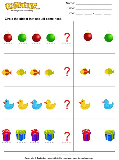 Identify the Object that Comes Next in the Pattern Turtle Diary Worksheet