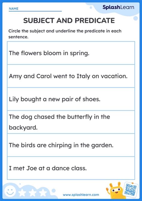 Identify the Subject and Predicate ELA Worksheets SplashLearn