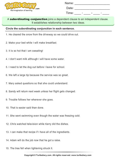 Identify the Subordinating Conjunction in the Sentence Turtle Diary