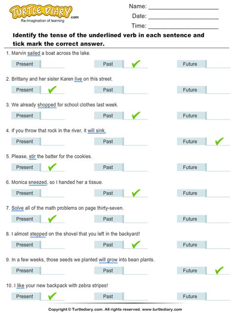 Identify the Tense of Verbs Worksheet Turtle Diary