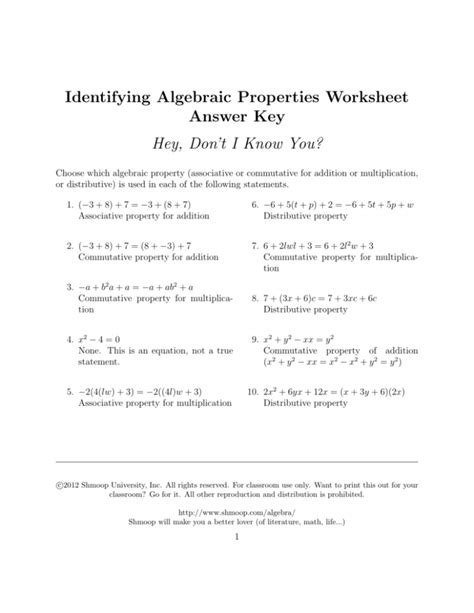 Identifying Algebraic Properties Worksheet Answer Key within Properties
