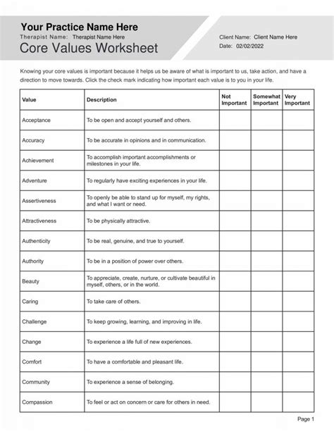 Identifying Core Values Worksheets