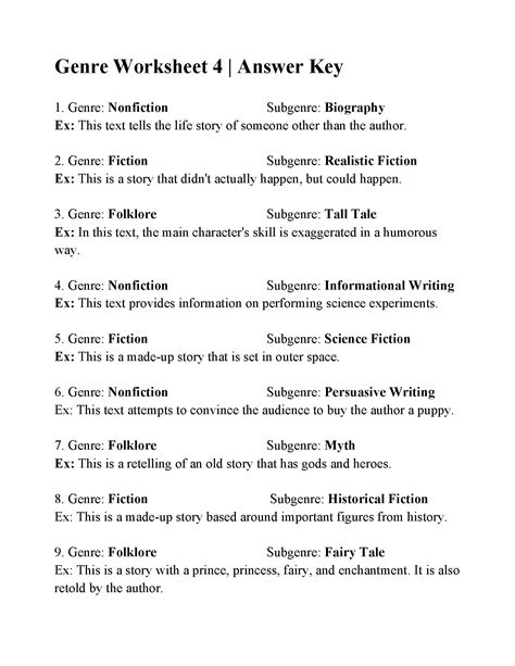 Identifying Genre And Subgenre Answer Sheet