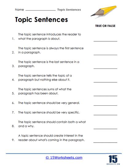 Identifying Topic Sentences Worksheets