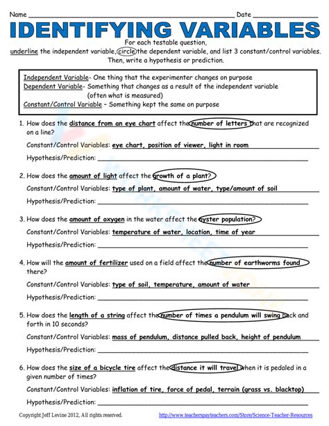 Identifying Variables Worksheet Answers