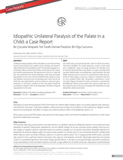 Idiopathic Unilateral Paralysis of the Palate in a Child: a.