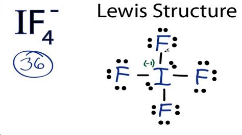 IF4- Estructura Lewis con 3 guías paso a paso, hibridación. La estructura de Lewis del IF4- (Ión de tetrafluoruro de yodo) implica un átomo de yodo central unido a cuatro átomos de flúor con un par libre, totalizando 36 electrones de valencia (7 de yodo, 7 de cada uno de los cuatro flúor, más 1 adicional para la carga negativa). ).. 