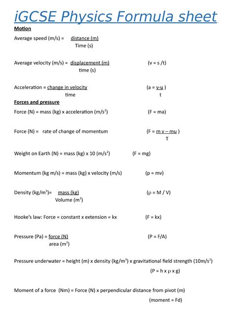 IgcseFormulaBooklet iGCSE Physics Formula sheet Motion Average