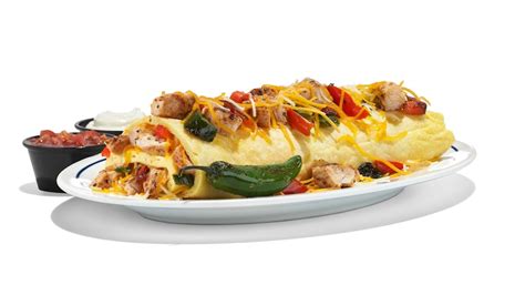 Aug 30, 2019 - Chicken or beef fajitas come together in a warm, fluffy five egg omelet. Use our IHOP Fajita Omelette recipe for breakfast satisfaction at home today!. 