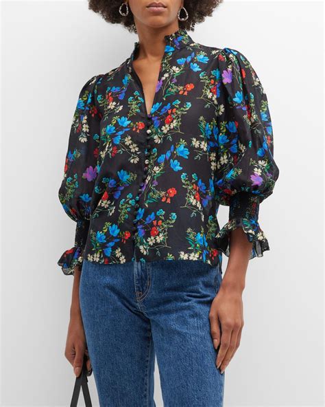 Ilan Smocked Sleeve Button Front Blouse In Beautiful Blooms …