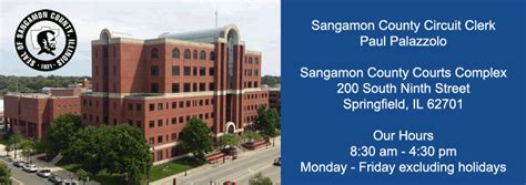 Illinois sangamon county clerk. Phone. p: (217) 753-6805. f: (217) 535-3143. Email. assessments@sangamonil.gov. Hours. 8:00AM - 4:30PM CST. Monday - Friday. The Supervisor of Assessments maintains records of ownership, tax bill address, legal description, sales data, and assessment values for all the parcels of land in Sangamon County. 