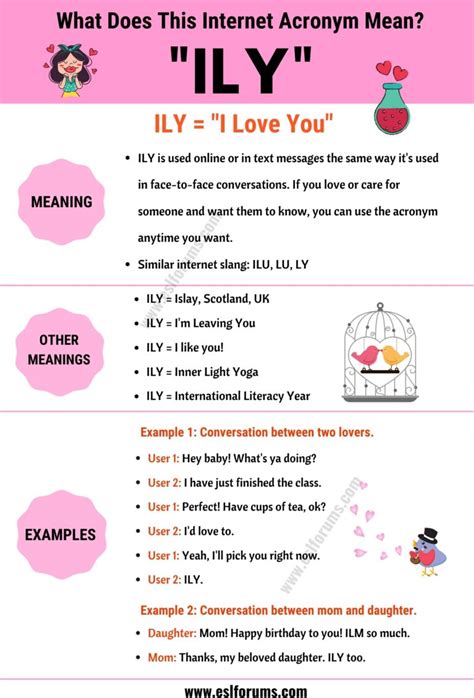 ILY is an acronym for I love you, a common way to express affection and endearment online. Learn how to use it in text messages, social media, and other contexts, and see variations and examples.