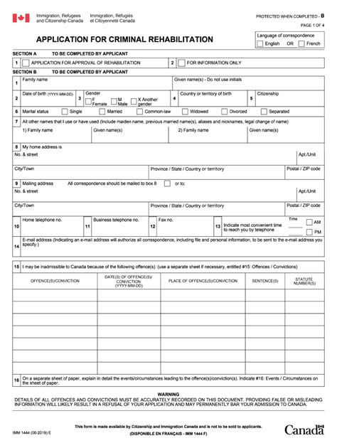 Download PDF for free. without registration or credit card. Form IMM1444, Application for Criminal Rehabilitation, is used in Canada for individuals who have been convicted of a criminal offense outside of Canada and are seeking to overcome their criminal inadmissibility. By submitting this form, applicants can demonstrate that they have been ....