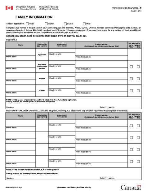Imm 5645. USE OF A FAMILY MEMBER REPRESENTATIVE FOR ONLINE APPLICATIONS. PROTECTED WHEN COMPLETED - B. PAGE 1 OF 1. This form is for family members who wish to apply online together in one MyCIC submission. To do so, all members must complete this form (one per family) to appoint the family member whose MyCIC account will be used to submit the applications. 
