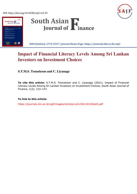 Impact of Financial Literacy Levels Among Sri Lankan Investors