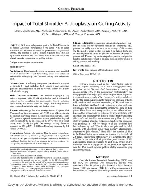 Impact of Total Shoulder Arthroplasty on Golfing Activity