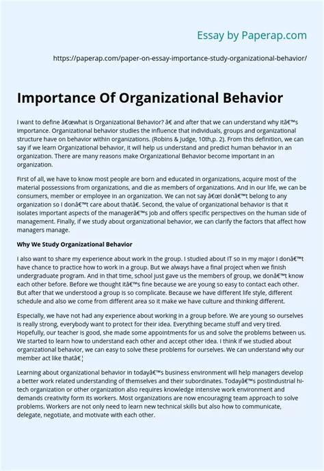 Importance Of Organizational Behavior Free Essay Example