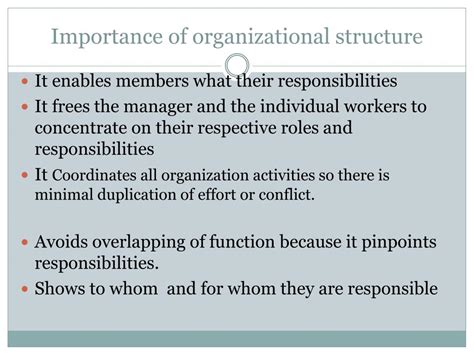 Personnel Administration, Hospital*. Task Performance and Analysis. The relationship between organizational structure and organizational performance would seem at first to be straightforward and obvious. The more complex organizational structures will result in positive organizational performance (i.e. greater effectiveness or profitability).. 