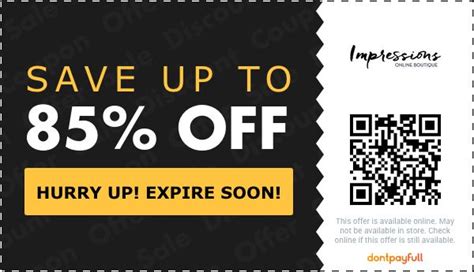 The latest added Impressions Online Boutique promo code is from Dec, 6. We have found 1 new deals for Impressions Online Boutique during the last 90 days. Generally we get a new Impressions Online Boutique discount code every 30 days. If you use coupons at Impressions Online Boutique, you can save on average 15% off the total.. 