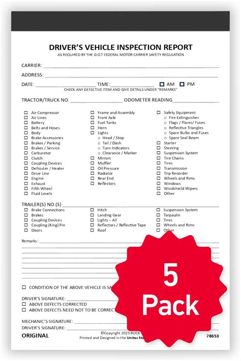 Imprinted Detailed Driver Vehicle Inspection Report 3Ply Carbonless Book Format Checklist Style
