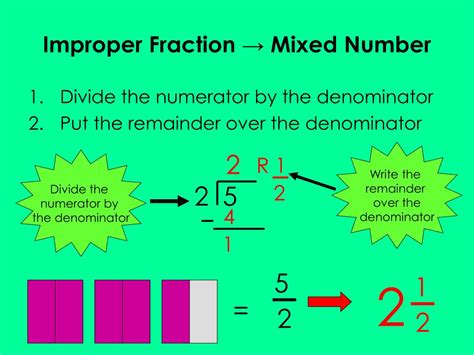 Improper fraction to mixed number. Oct 17, 2023 · This is the fraction part of the mixed number. Example: Convert the improper fraction 16/3 to a mixed number. Divide 16 by 3: 16 ÷ 3 = 5 with remainder of 1; The whole number result is 5; The remainder is 1. With 1 as the numerator and 3 as the denominator, the fraction part of the mixed number is 1/3. The mixed number is 5 1/3. So 16/3 = 5 1/3. 