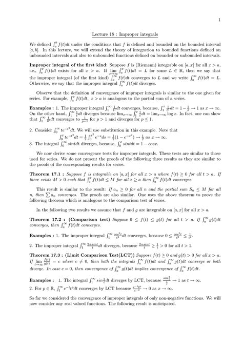 Improper integrals In this lecture, we will extend the theory of