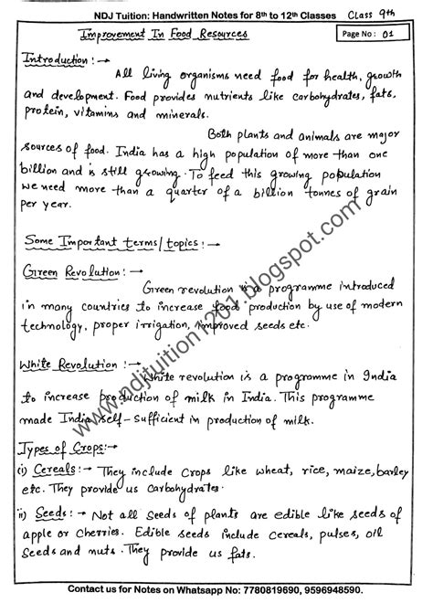 Improvement in Food Resource Handwritten Notes for Class …