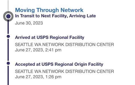 In transit to next facility arriving late usps. February 20, 2021 In Transit, Arriving Late Your package will arrive later than expected, but is still on its way. It is currently in transit to the next facility. February 17, 2021, 11:29 pm Arrived at USPS Origin Facility KENT, WA 98035. February 17, 2021, 3:38 pm Departed Post Office FORKS, WA 98331. February 17, 2021, 10:22 am USPS in ... 