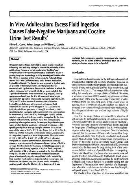 In vivo adulteration: excess fluid ingestion causes false-negative marijuana and cocaine urine test results J Anal Toxicol