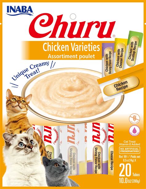 Inaba churu cat treats. INABA Churu Cat Treats, Grain-Free, Lickable, Squeezable Creamy Purée Cat Treat/Topper with Vitamin E & Taurine, 0.5 Ounces Each, 60 Tubes, Chicken Variety Box $36.99 $ 36 . 99 ($19.73/lb) Get it as soon as Monday, Nov 6 