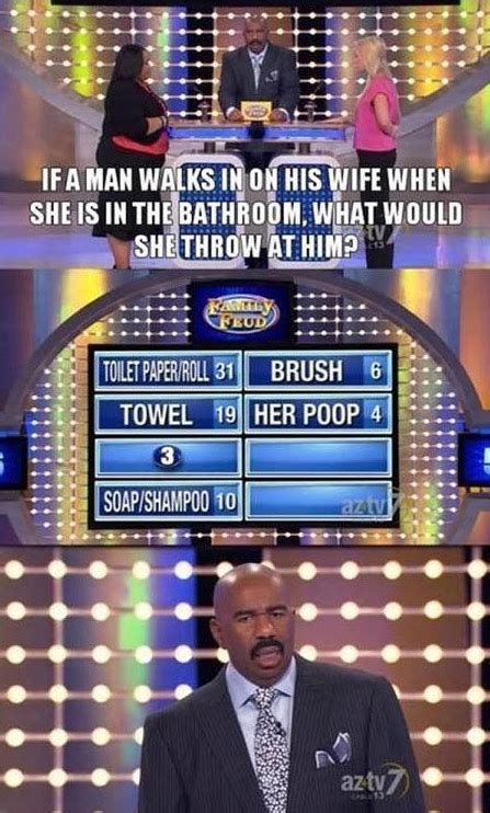 Inappropriate family feud questions. Name something a family might take with them on a nature walk. Name a statistic commonly found on the back of baseball cards. Name something a professional baseball player wants to get a lot of during their career. Other than a player, name a job someone might have at a baseball stadium. Name an activity a family could do in their driveway. 