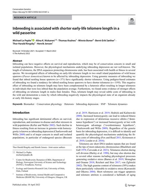 Inbreeding is associated with shorter early-life telomere ... - Springer